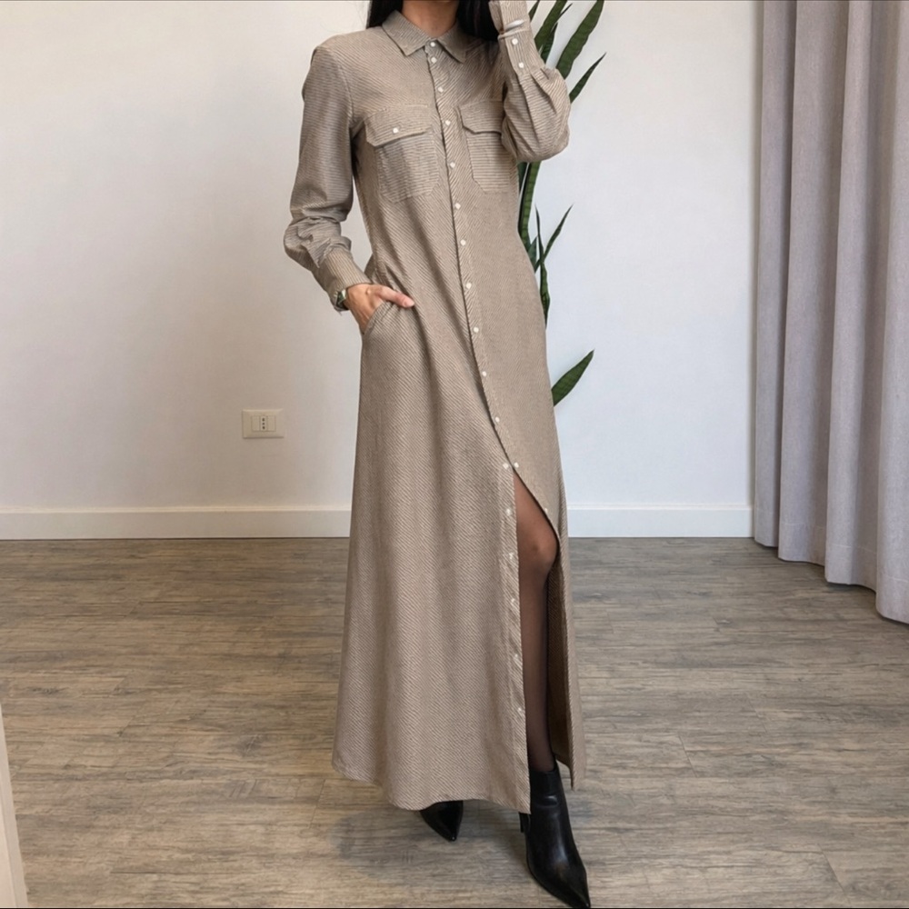 Tensione In Plaid Tan Button-Down Maxi Dress size Medium
